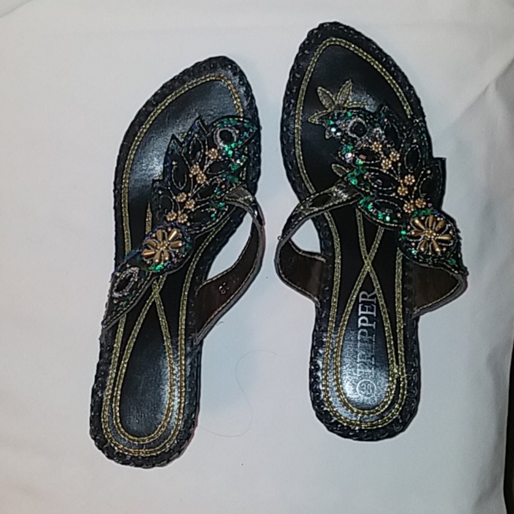 Green, gold and black beaded sandals